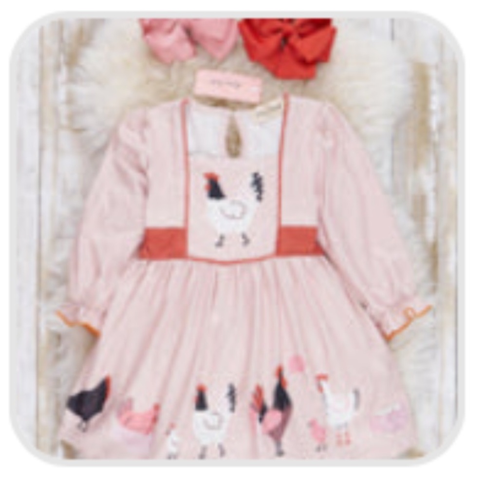 Pink Dress with Chicken Print, Ruffle Sleeve, Bow in back